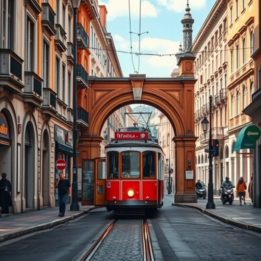 Generate a vibrant street scene of a historic city with a vintage tram passing through an archway, lush colors, high dynamic range, soft focus; camera settings: ISO 100, f/8, 1/250s; camera view: wide-angle; camera style: cinematic; camera type: DSLR.