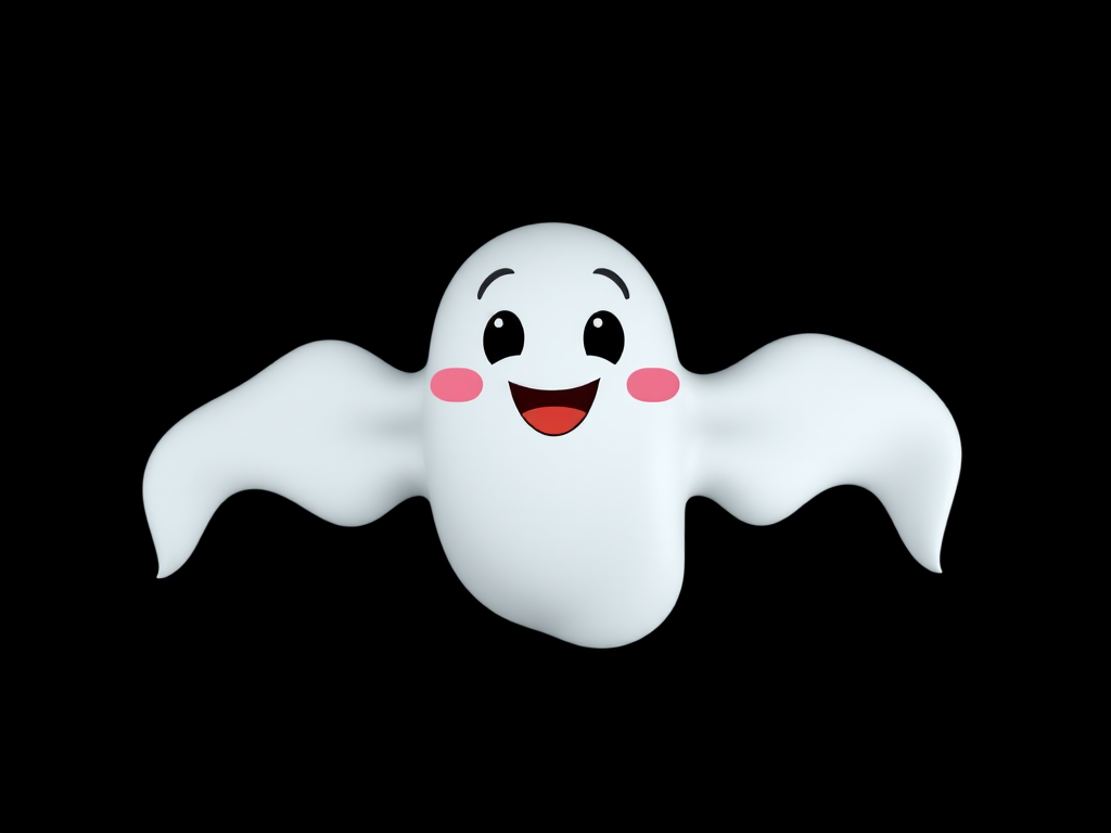 create a cute cartoon ghost character with big smile and rosy cheeks on a solid black background, shot with a DSLR at f/2.8, ISO 100, 50mm lens, top-down view, vibrant colors with high contrast for enhanced quality