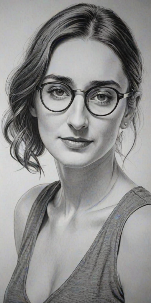 Alluring Sara Bareilles, pencil sketch, portrait of Superb woman 1926s in glasses, hair style beatnik, outline, clear lines, fine lines, 8k
