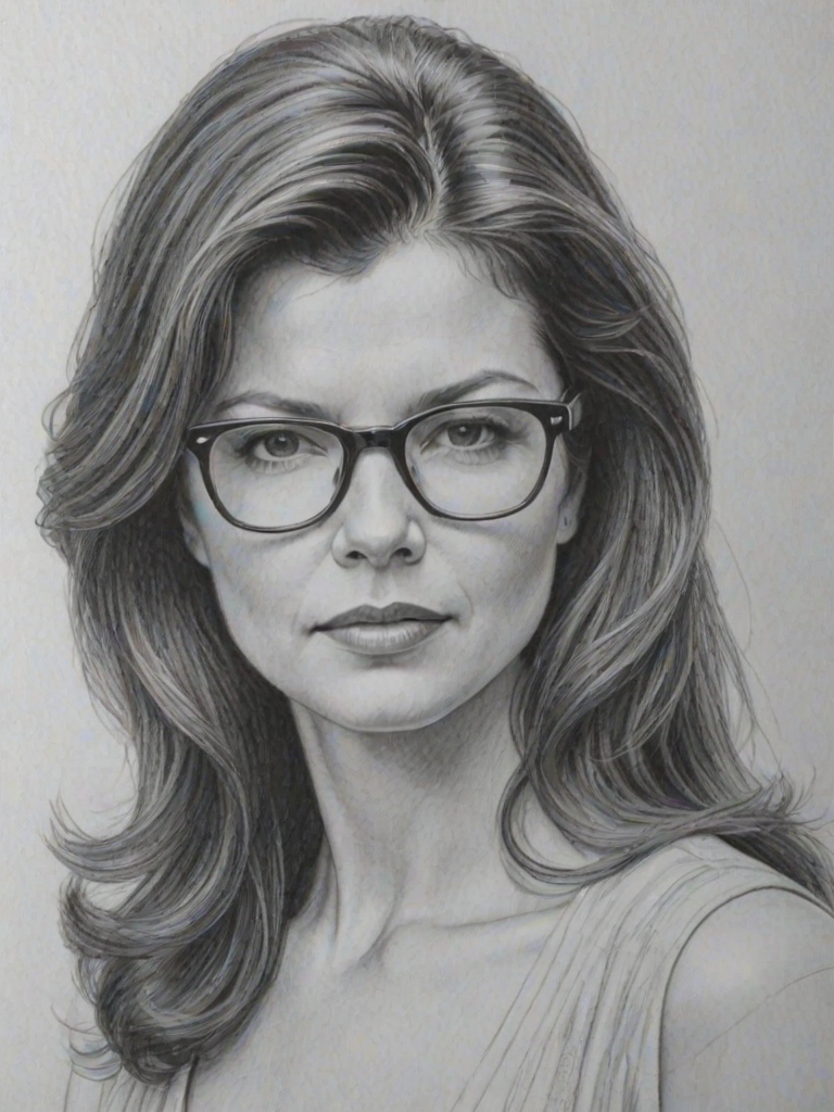 Sublime Daphne Zuniga, pencil sketch, portrait of Dazzling woman 1977s in glasses, hair style beatnik, outline, clear lines, fine lines, 8k