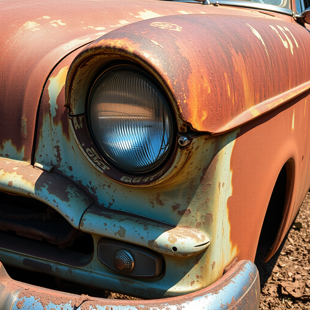 Regenerate an image of a vintage rusted car, captured with a DSLR camera, 35mm lens, f/2.8 aperture, ISO 100, 1/200 sec shutter speed, shot from a low angle to emphasize texture, with natural lighting to enhance the details of the rust and peeling paint.