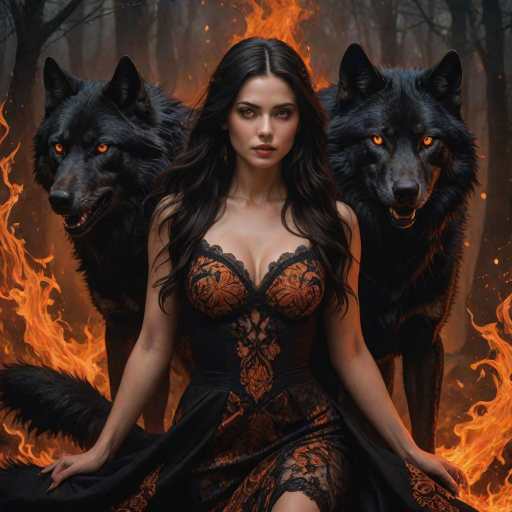 A woman with long dark hair, wearing a black lace dress that seamlessly blends into her skin with intricate floral patterns. She is in the foreground, with a black wolf beside her; its fur is midnight black, and it has glowing, intense, orange eyes that match hers. Her eyes are partially closed with burning embers above them, giving a fiery and mystical aura. The background is engulfed in tall, roaring flames, contributing to an overall dark and supernatural atmosphere. The colors are intense, predominantly black, fiery orange, and deep reds, with sharp contrast highlighting the mysterious and fierce theme. The flames are bright and dynamic, casting dramatic light and shadow, illuminating the woman and wolf while leaving parts in near darkness. The image evokes a sense of otherworldly power and connection between the woman and the wolf.