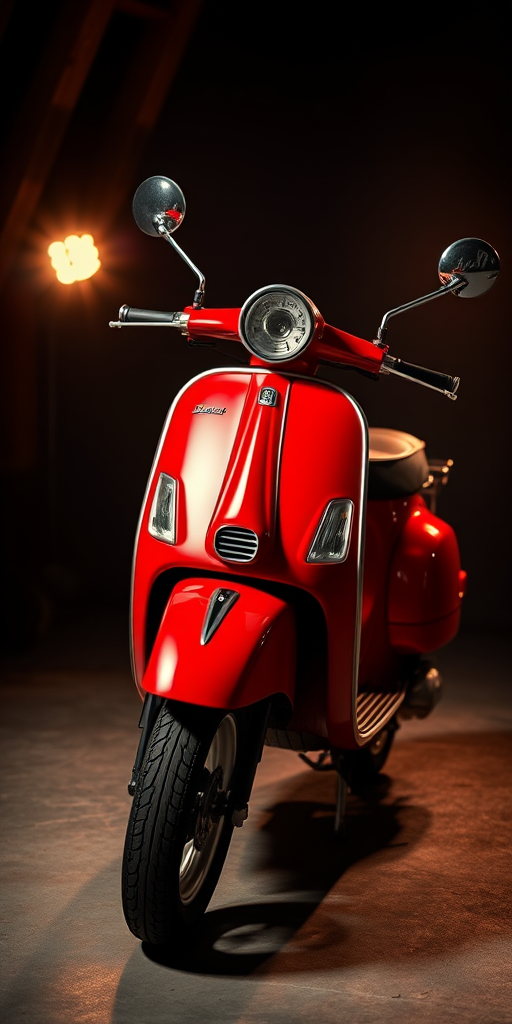regenerate a vintage red scooter in a studio setting with dramatic lighting, ISO 100, f/2.8 aperture, 50mm lens, shot in portrait view with a DSLR camera for enhanced detail and quality