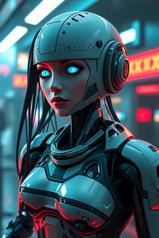 cgi render of a robot girl in a cyberpunk futuristic environement