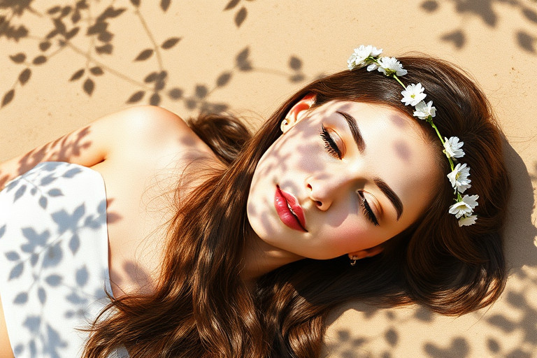 create a watercolor painting of an ethereal portrait of beautiful Ashkenazi woman with a simple white flower crown on her head. Her hair is long and she is lying on the ground. The sunlight on the trees casts shadows from the leaves on her face and body. The background is a neutral brown color that matches her skin tone. The image is minimalist and solid colors. This style is characterized by soft, delicate brushstrokes and a light, airy, contrasting color palette. High level of detail and play of light