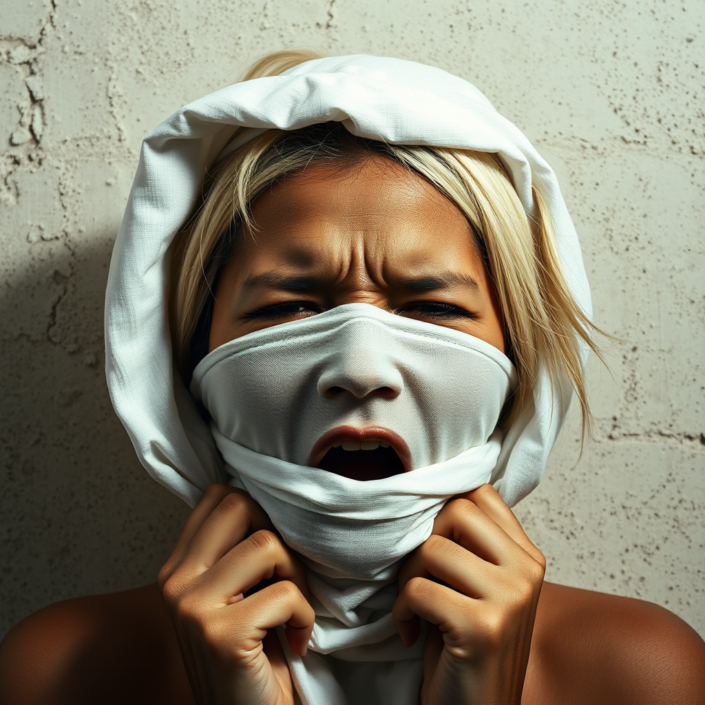 Create a close-up photographic image of a taino woman with light skin tones shown against an old, worn wall. Their head is wrapped in a white cloth covering (i.e.... parts of the head except the nose and mouth, which are open as if they are screaming...), with a slight texture and visible folds in the fabric. Thin strands of blonde hair escape from the wrapping above, falling lightly at the top and sides. Their hands hold the fabric as if they are tugging nervously. The lighting is dramatic and even, casting strong shadows. The image has a minimalist and surreal style with an emphasis on simplicity with soft color tones. The composition is centered.