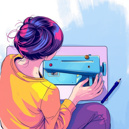 Create an illustration of a person sewing at a sewing machine, using vibrant colors and a top-down view, with a soft focus effect, utilizing a digital drawing tablet for enhanced detail and smooth lines.