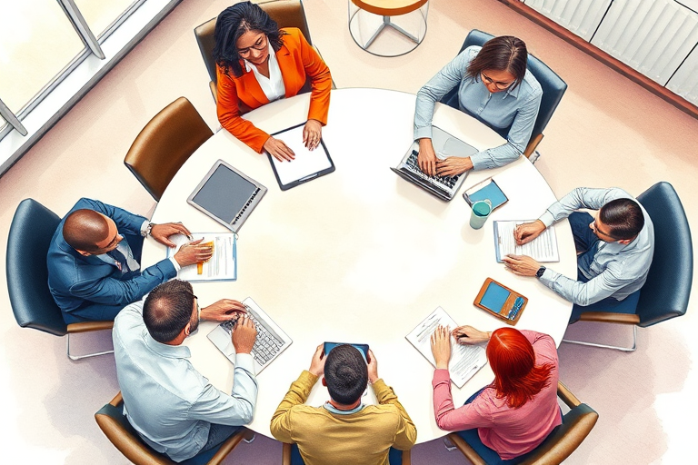 Generate an illustration of a diverse group of six professionals engaged in a meeting around a large round table, with papers and laptops present, using a soft watercolor style, shot from a top-down view with a focus on vibrant colors, aperture set to f/5.6, ISO 200, 50mm lens.