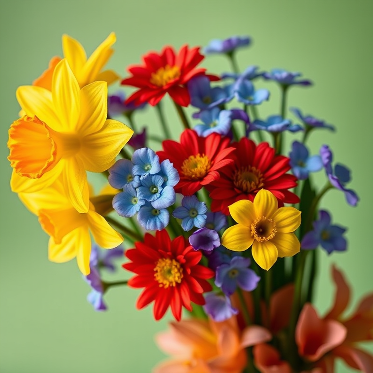 Create a vibrant bouquet of colorful flowers featuring yellow daffodils, red and blue blossoms, and purple petals against a soft green background; camera type: DSLR, camera view: macro, camera settings: f/2.8 aperture, ISO 200, shutter speed 1/125 sec, lighting: soft natural light.