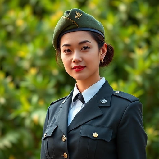 Generate an image of a woman in a formal military uniform with a beret, standing confidently in front of a lush green background, captured with a DSLR camera at f/2.8 aperture, 1/125 sec shutter speed, ISO 100, in a portrait view with natural lighting.