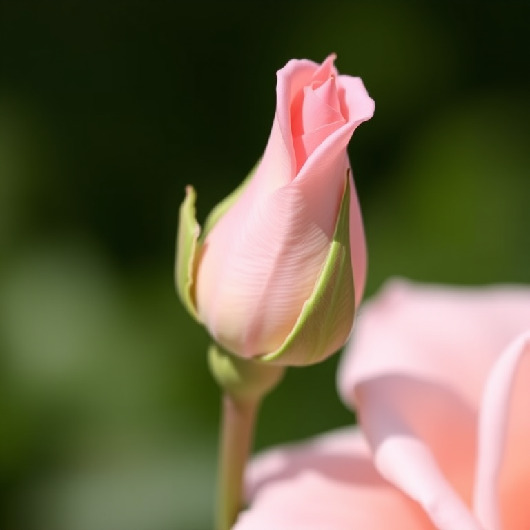 Close-up of a soft pink rose bud with blurred green background, shallow depth of field, aperture f/2.8, ISO 100, 50mm lens, taken with a DSLR camera in natural light.
