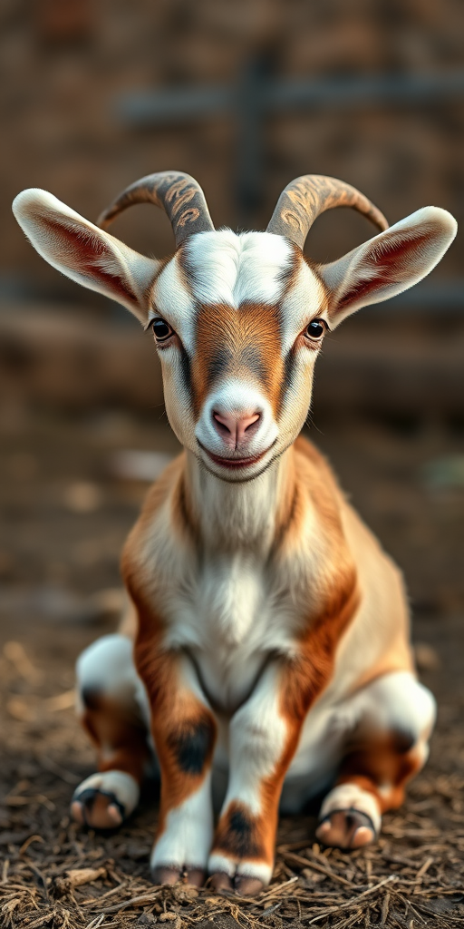 Generate a high-resolution image of a young goat sitting down, using a 50mm lens with f/1.8 aperture, ISO 100, and a shallow depth of field, capturing soft natural light, frontal view, shot with a DSLR camera style for enhanced detail and quality.