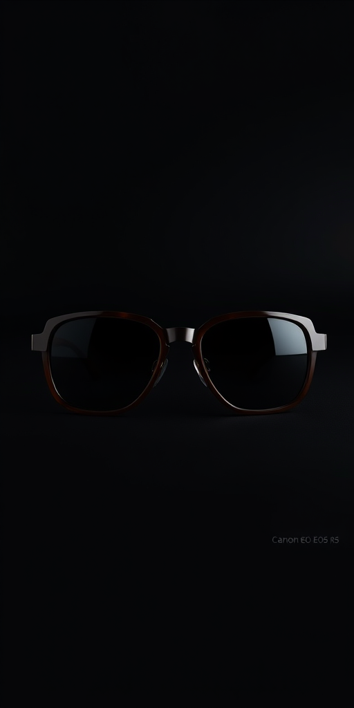Create an abstract representation of oversized sunglasses with a solid black background, using a Canon EOS R5 camera with a 50mm lens, aperture set at f/2.8, ISO 100, shot from a straight-on perspective with soft lighting to enhance the image quality.