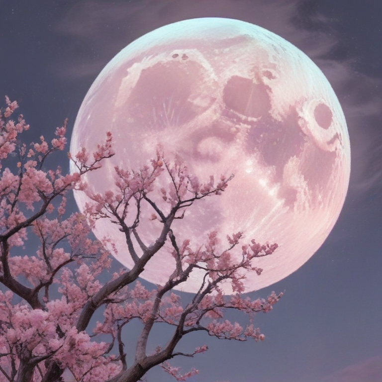 Enchanting Night Sky with a Majestic Full Moon and Cherry Blossoms