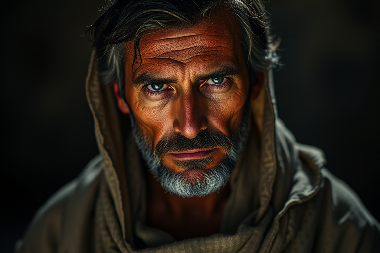 Create a portrait of a man with a solemn expression, draped in a partially torn shawl, illuminated by dramatic lighting, captured with a Canon EOS-1D X Mark III, 85mm f/1.4 lens, aperture f/1.8, ISO 100, at a 45-degree angle for depth and detail enhancement.