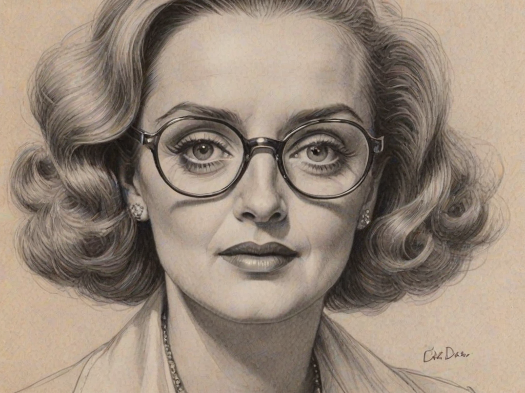 Splendid Bette Davis, pencil sketch, portrait of Captivating woman 1973s in glasses, hair style beatnik, outline, clear lines, fine lines, 8k