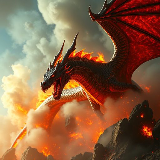 dragon roaring in flames and smoke, dynamic composition, high contrast, 35mm lens, f/2.8, ISO 100, 1/500s, cinematic lighting, ultra HD, digital painting style, epic fantasy atmosphere