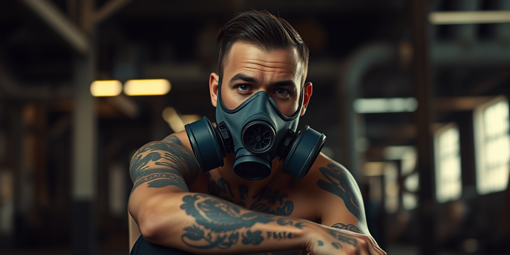 portrait of a tattooed man in a gas mask sitting in an industrial environment, low-key lighting, shallow depth of field, 85mm lens, f1.8, ISO 200, 1/200s, moody and dramatic atmosphere, cinematic style, high-resolution