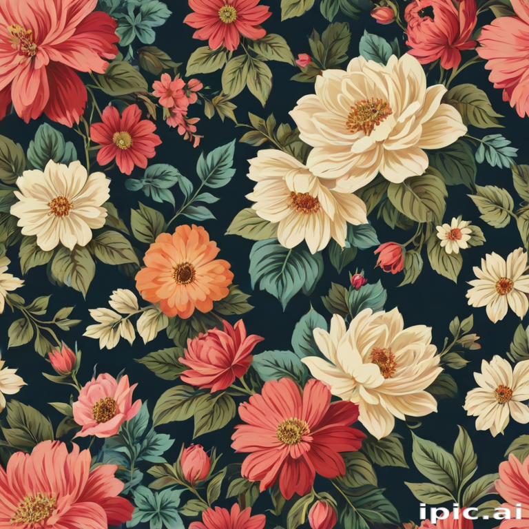 Vibrant Floral Pattern Featuring Diverse Blooms on a Dark Background
