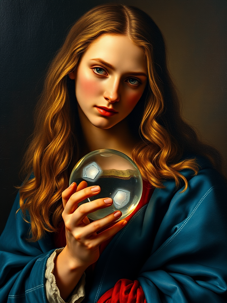 Create a high-resolution image of a Renaissance-style painting featuring a figure with long hair and a blue robe, holding a glass orb, captured with a DSLR camera at f/2.8, ISO 100, 50mm lens, in soft lighting with a focus on rich colors and fine details.
