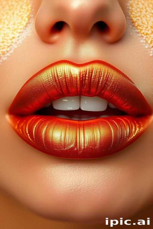 Shimmering bronze lips with a metallic finish, named "Sun-Kissed Glow," featuring warm undertones and a luxurious, molten metal appearance
