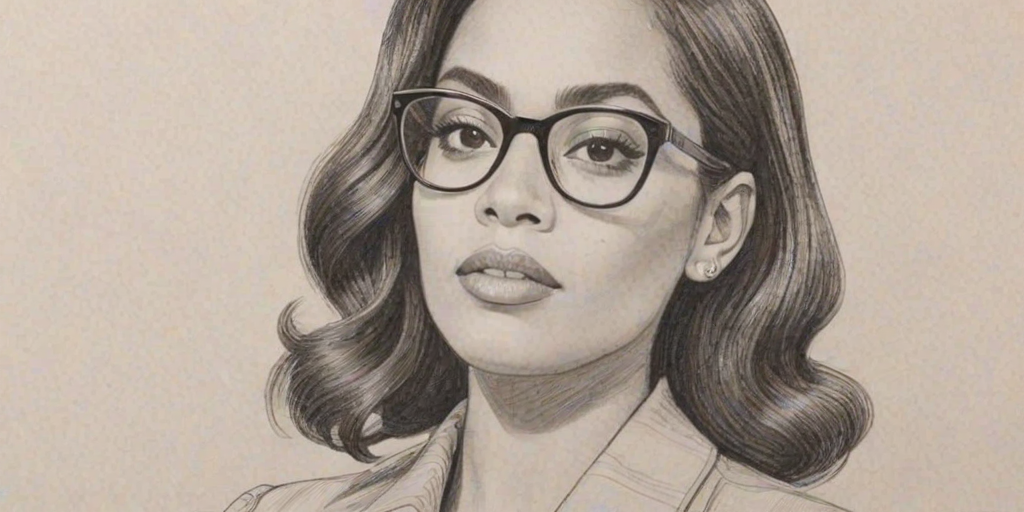 Delightful Lauren London, pencil sketch, portrait of Splendid woman 1939s in glasses, hair style beatnik, outline, clear lines, fine lines, 8k
