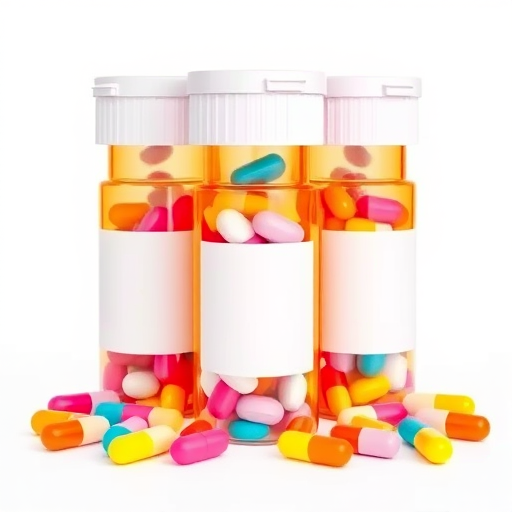 Create a high-resolution digital illustration of three glass prescription bottles filled with colorful round tablets, the labels blank, with a clean white background, using a 50mm lens, f/2.8 aperture, ISO 100, shot from a slightly elevated angle, in a bright and vibrant color palette, employing a soft focus style for a polished effect.