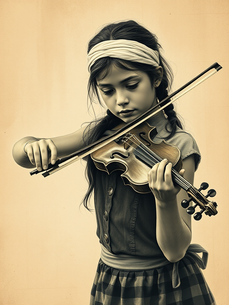 a young M'tis woman with a white headband playing a violin, in the style of a charcoal drawing, sepia grunge background
