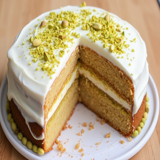 A delicious round cake with multiple layers visible inside topped with a smooth white frosting and sprinkled with crushed pistachios, some whole pistachios around the edge, and a slice removed revealing the layered interior.