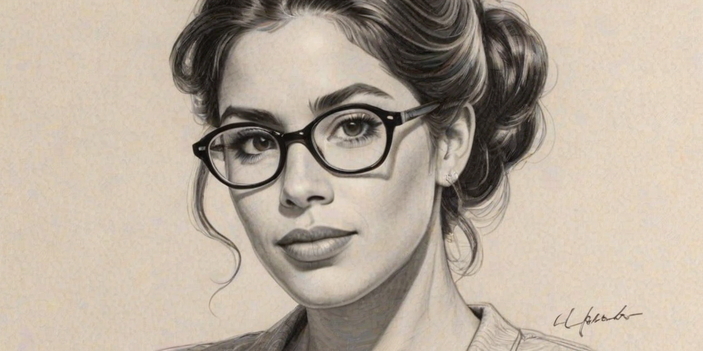 Splendid Ana Ortiz, pencil sketch, portrait of Enchanting woman 1957s in glasses, hair style beatnik, outline, clear lines, fine lines, 8k