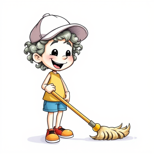 Create a detailed drawing of a cheerful cartoon character with curly hair wearing a cap, happily sweeping the floor with a broom, emphasizing a playful and joyful atmosphere, set against a simple white background, shot with a high-resolution camera at f/2.8 aperture, 50mm lens, using a bright daylight setting to enhance colors and clarity.