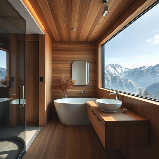 interior of a modern bathroom with wooden accents, large window with mountain view, minimalist design, sink on a wood countertop, natural light, f/8 aperture, ISO 200, 24mm lens, HDR photography, DSLR camera