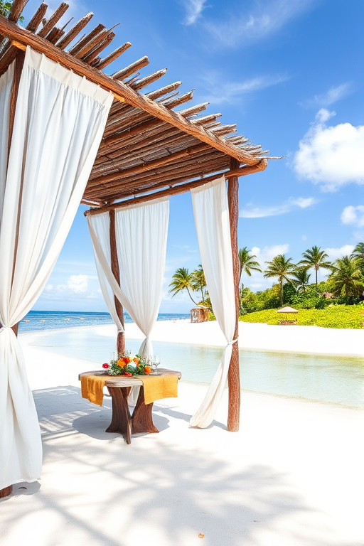 Create a picturesque tropical beach scene featuring a serene, white sandy shore. In the foreground, there's a rustic wooden canopy with white drapes gently flowing in the breeze. Underneath the canopy, a table is set with tropical decor, evoking a sense of relaxation and leisure. The beach extends into a calm, shallow water area with reflections of the sky and surroundings. Palm trees and lush greenery line the edge of the beach, providing a natural, tropical backdrop. The sky is clear with a few scattered clouds, and the overall atmosphere is tranquil and inviting, perfect for a peaceful retreat.
