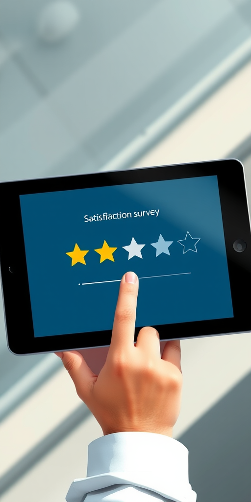 Create a high-resolution digital illustration of a hand holding a tablet displaying a satisfaction survey with a rating of three out of five stars, shot with a DSLR camera at f/2.8, ISO 100, 50mm lens, top-down view, natural lighting.