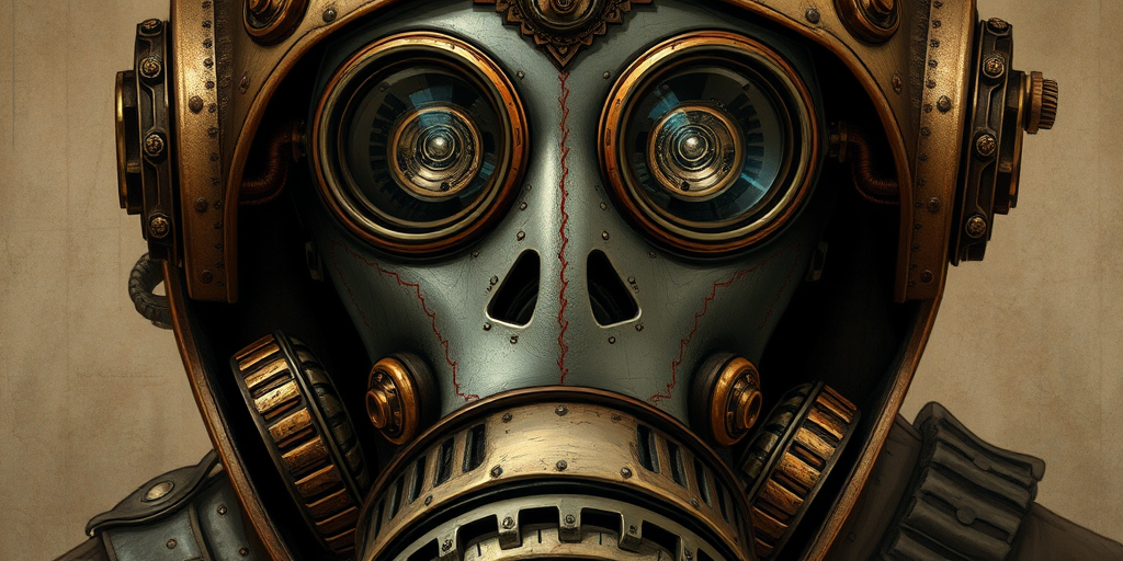 Create a detailed steampunk-style illustration of a gas mask-wearing figure with intricate gears and accessories, captured in a high-resolution digital format, using a 50mm lens, f/2.8 aperture, and soft diffused lighting to highlight textures and details.