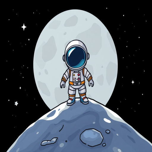 Create a high-resolution illustration of a cartoon astronaut standing on the moon with a black starry background, using a digital drawing tablet, with a focus on vivid colors and crisp lines, and ensure the composition is centered and well-balanced.