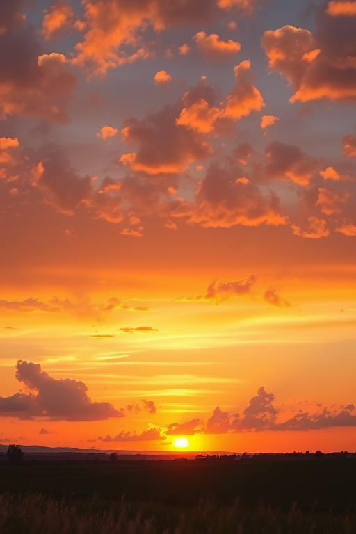 Create a high-resolution image of a serene landscape at sunset with vivid colors and soft clouds, taken with a Canon EOS R5, 24mm f/1.4 lens, ISO 100, shutter speed 1/60 sec, using a wide-angle perspective and natural lighting for enhanced detail and depth.