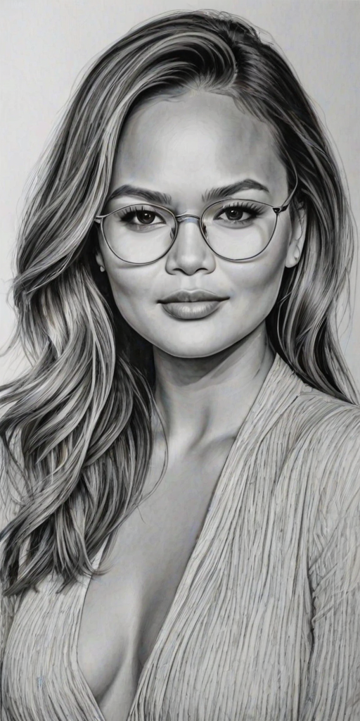 Fascinating Chrissy Teigen, pencil sketch, portrait of Attractive woman 1922s in glasses, hair style beatnik, outline, clear lines, fine lines, 8k