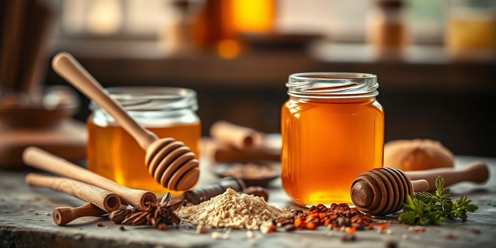 still life of honey in jars with wooden dipper and spices on a rustic table, warm golden lighting, shallow depth of field, f/2.8 aperture, 50mm lens, ISO 100, DSLR camera, soft focus background
