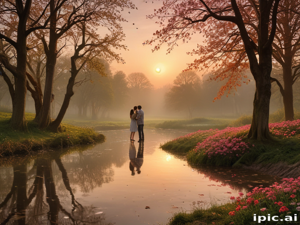 Romantic Embrace at Sunset by a Serene River in a Misty Forest