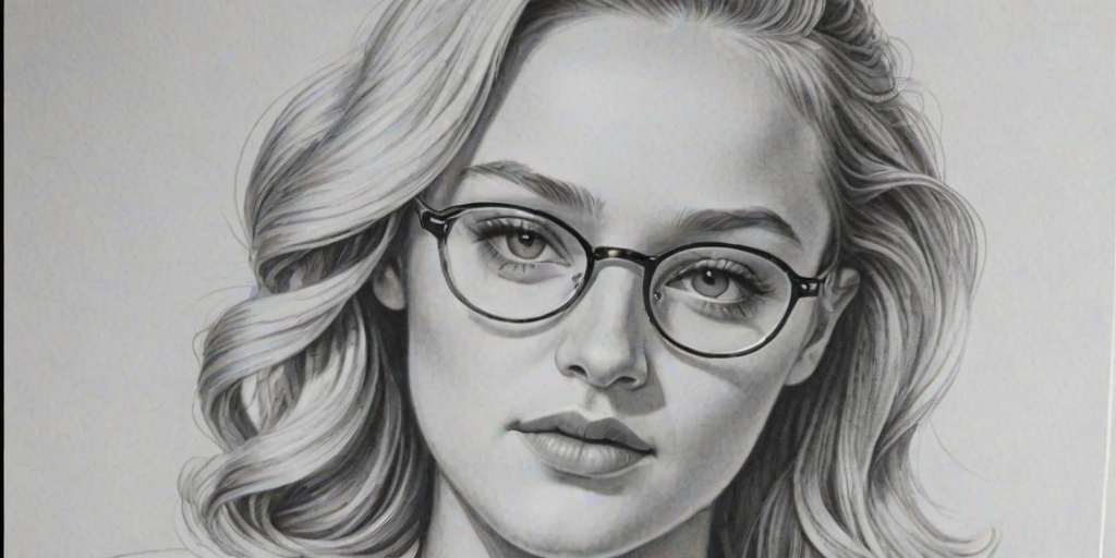 Splendid Maika Monroe, pencil sketch, portrait of Dazzling woman 1942s in glasses, hair style beatnik, outline, clear lines, fine lines, 8k