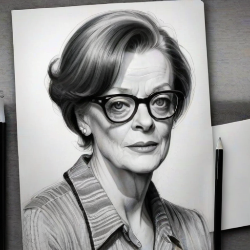 Lovely Maggie Smith, pencil sketch, portrait of Exquisite woman 1969s in glasses, hair style beatnik, outline, clear lines, fine lines, 8k