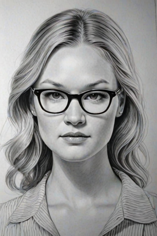 Stunning Julia Stiles, pencil sketch, portrait of Enchanting woman 1935s in glasses, hair style beatnik, outline, clear lines, fine lines, 8k