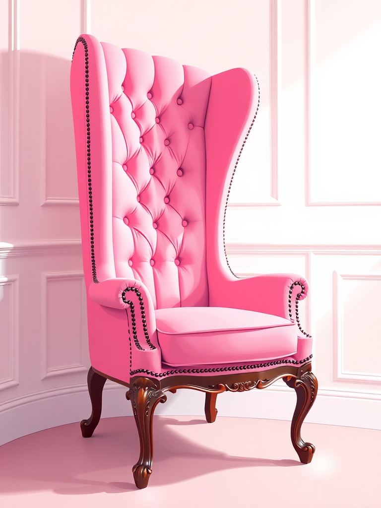 Create a high-quality illustration of an elegant pink chair with a tall, tufted back, featuring decorative buttons and ornate wooden legs, captured in a bright, well-lit setting using a DSLR camera at f/2.8 aperture, 50mm lens, and a slight vignette effect to enhance focus on the chair.