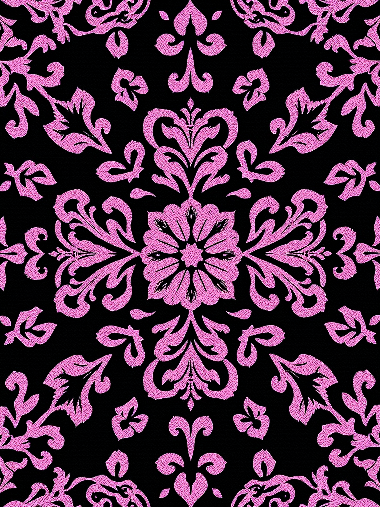 Create a high-resolution image of a symmetrical floral pattern with intricate pink lace designs on a black background, using a DSLR camera with a 50mm f/1.8 lens, aperture set to f/5.6, ISO 100, shot from an overhead view with soft natural lighting for enhanced detail and color contrast.