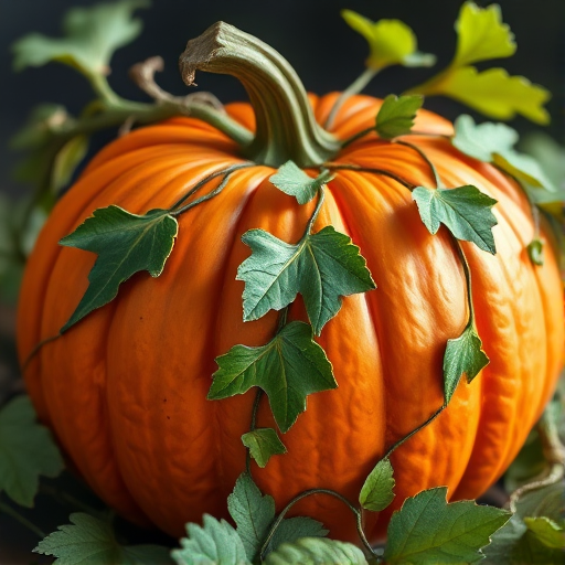 Create a detailed digital illustration of a pumpkin, emphasizing its vibrant orange color, with intricate green leaves and vines, using a Canon EOS R5 camera, 85mm lens, f/1.8 aperture, ISO 100, in soft natural lighting, and a shallow depth of field for a crisp foreground against a dark background.