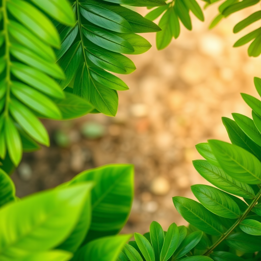 create a vibrant frame of lush green tropical leaves with a soft blur background, 50mm lens, f/2.8 aperture, ISO 100, natural light, overhead view, DSLR camera