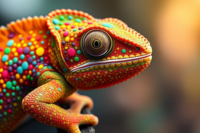 Create a highly detailed illustration of a chameleon covered in colorful dots, using a macro lens at f/2.8, ISO 100, 1/250 sec shutter speed, shot from a top-down perspective with a soft focus background to enhance the vibrant colors.