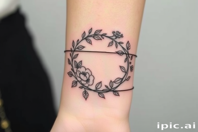 Elegant fine line tattoo wrapping around the wrist, depicting a delicate floral wreath with intricate botanical details, using thin black lines to create a subtle and feminine design