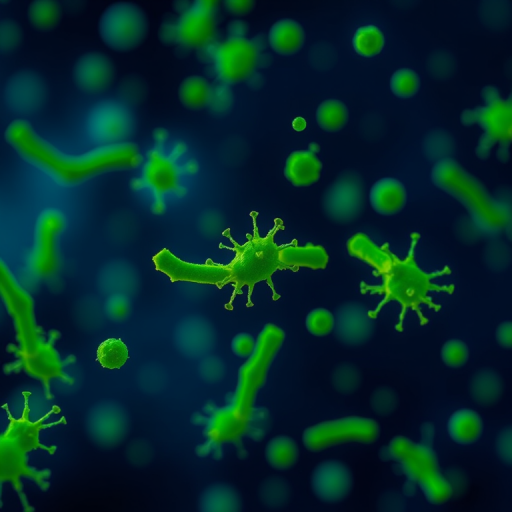 Regenerate an image of vibrant green bacteria floating in a dark blue microbiological background, captured with a macro lens at f/8 aperture, ISO 200, 1/200s shutter speed, using a digital SLR camera with a shallow depth of field for enhanced detail and clarity.